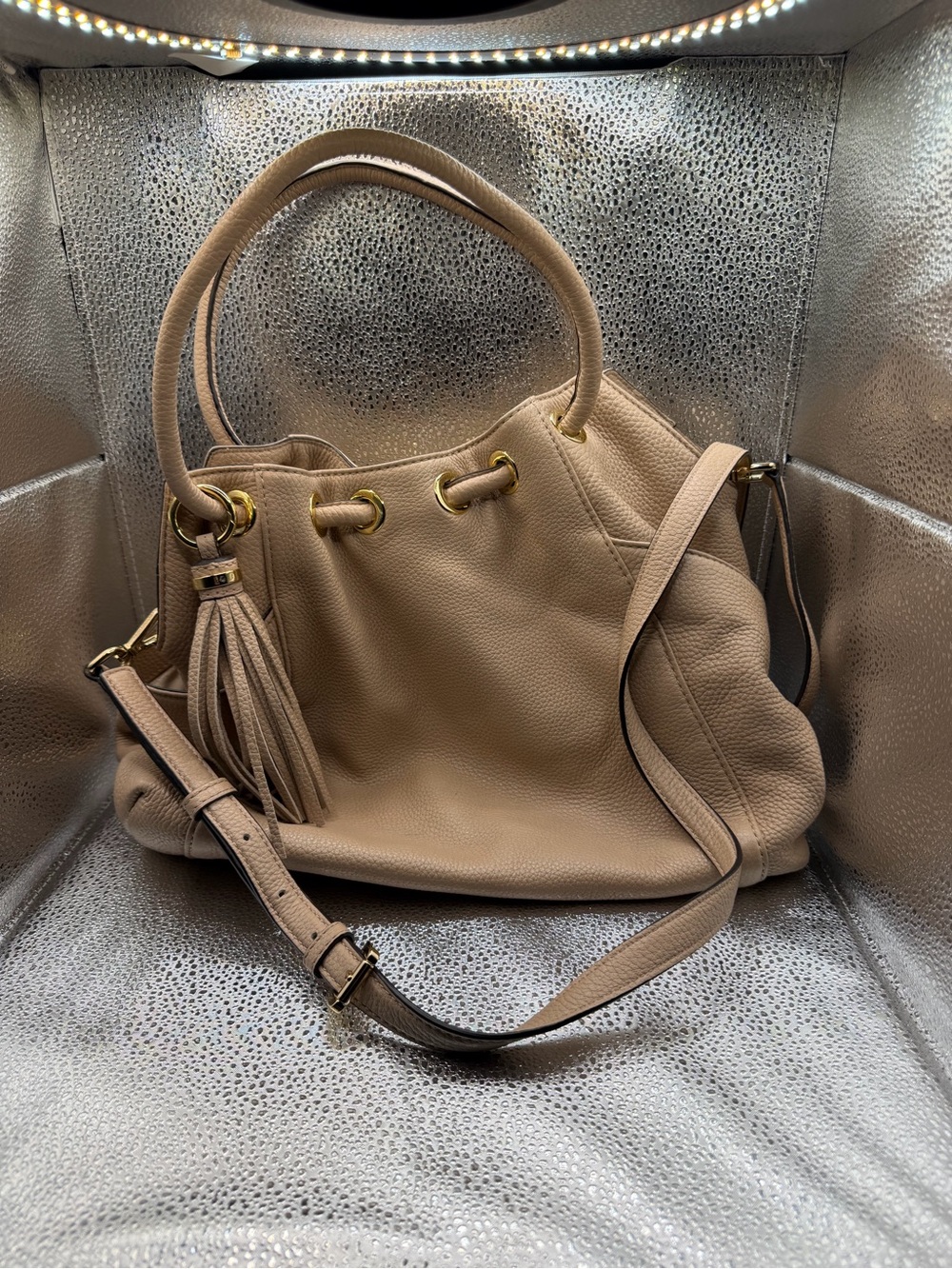 Michael Kors Taupe Pebbled Leather Shoulder Bag with Tassel